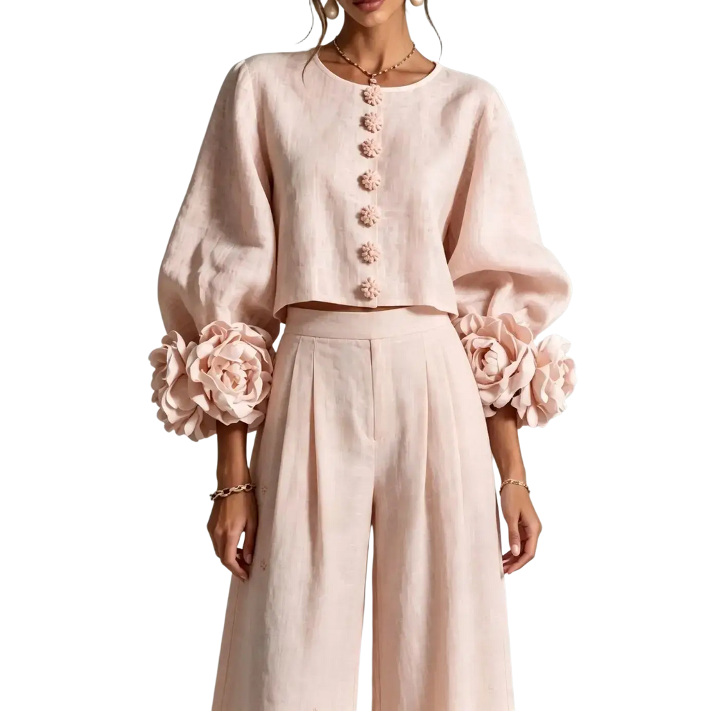 Soft pink linen crop top with puff sleeves and floral embellishments featuring matching decorative button closure