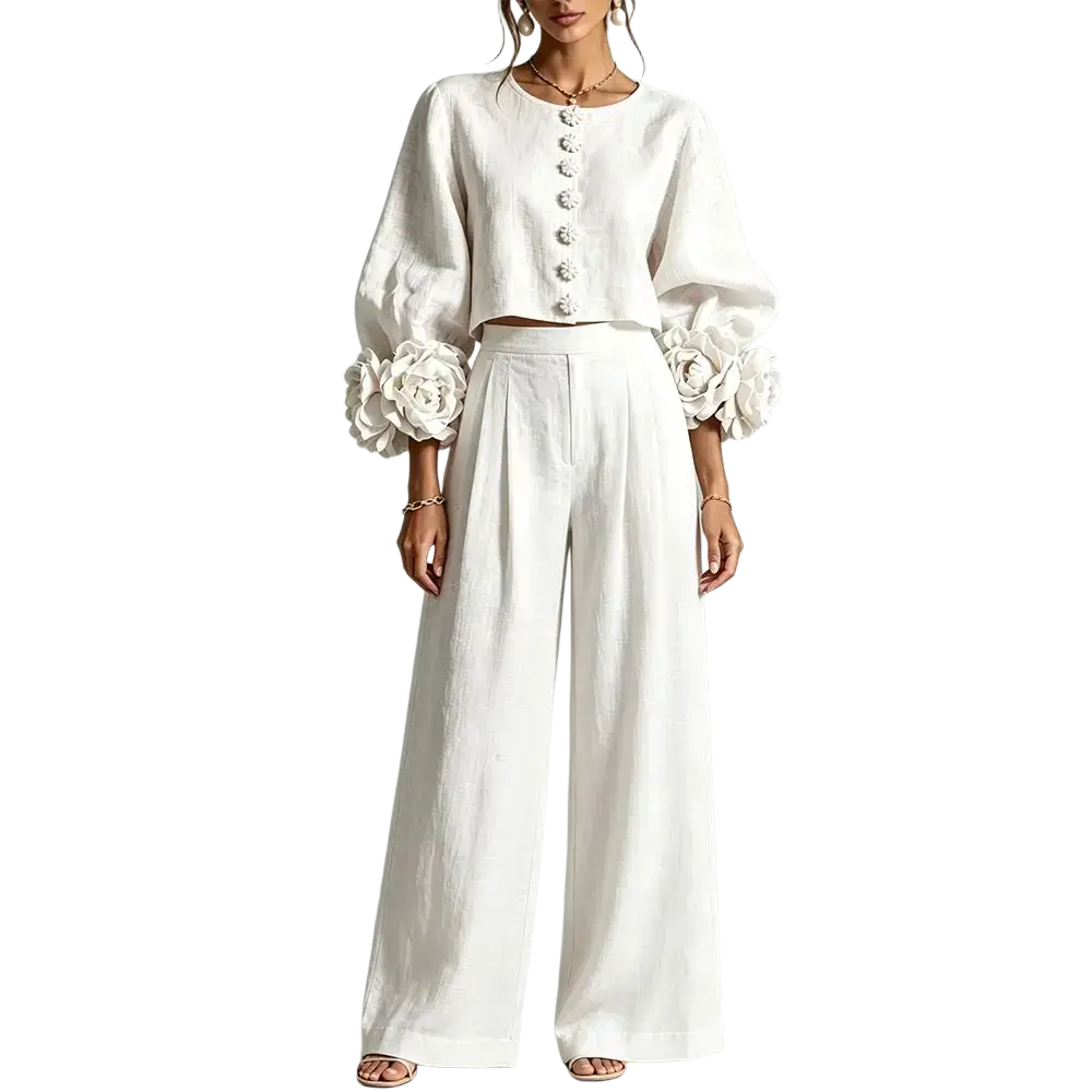 White linen crop top with puff sleeves and floral embellishments at cuffs, paired with blush pink wide leg linen pants closure type unseen