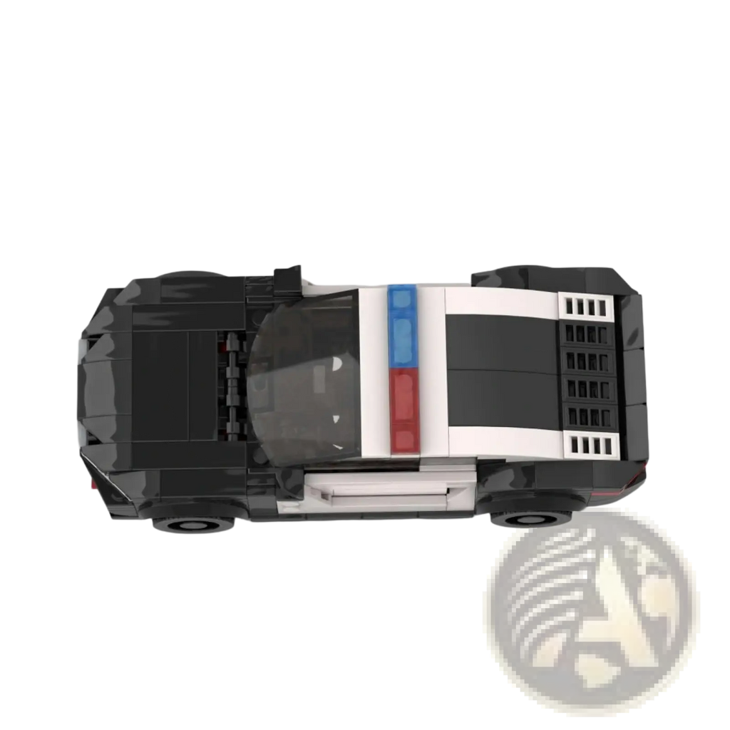 Black and white lego bmw m8 police car building blocks set with red blue and silver emergency light bar
