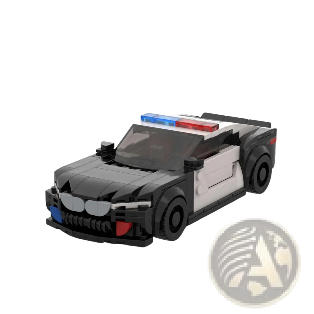 Black and white lego bmw m8 police car building blocks set with red and blue roof lights 318 pieces