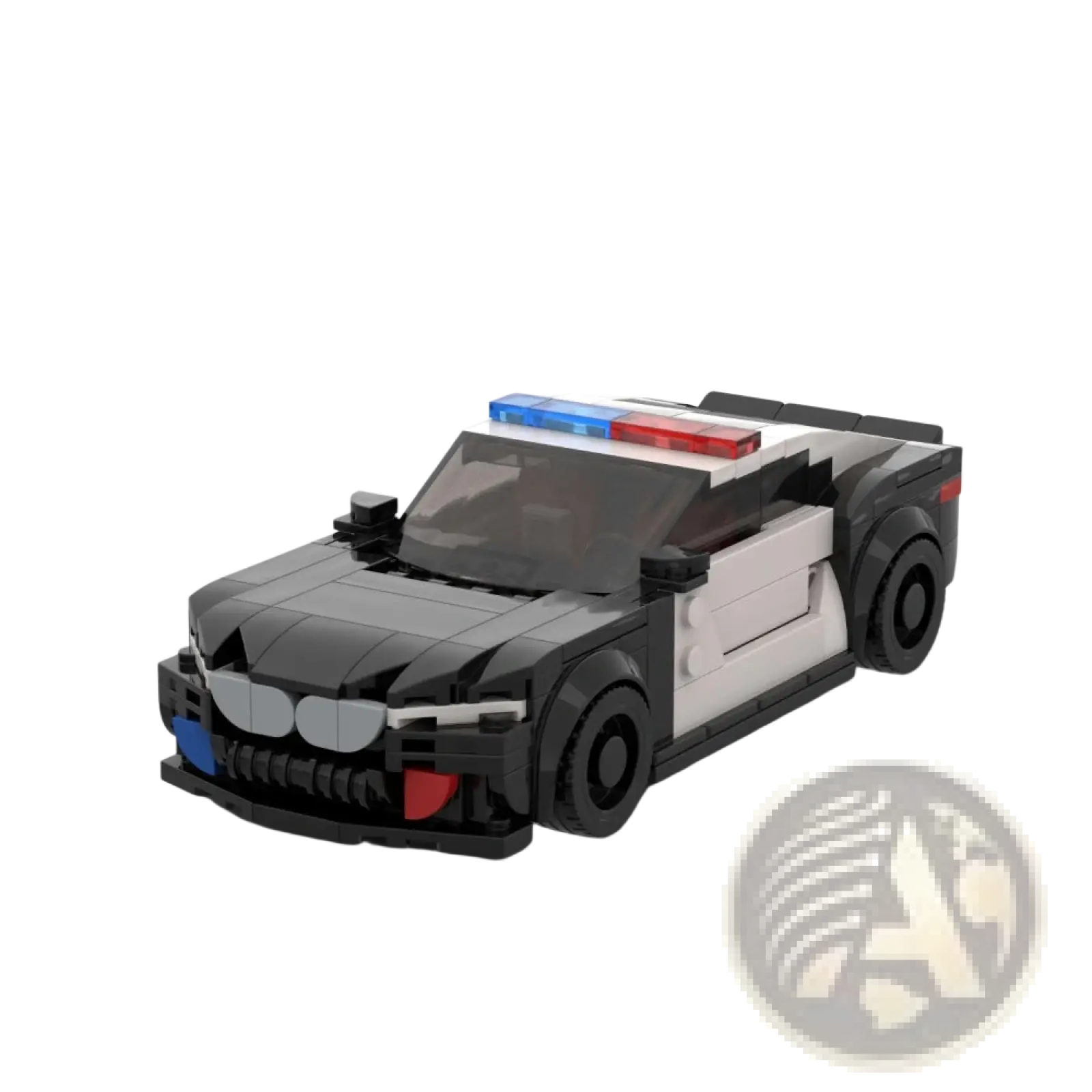 Black and white lego bmw m8 police car building blocks set with red and blue roof lights 318 pieces
