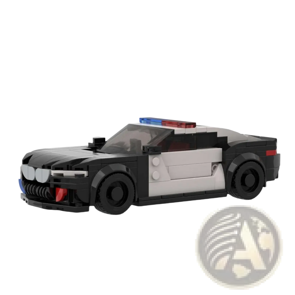 Black and white Lego BMW M8 police car building blocks set with 318 pieces featuring red and blue roof lights