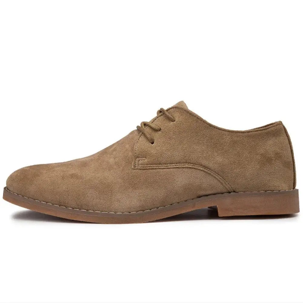 Men’s British style tan suede lace-up dress shoe with low block heel and matching laces in frosted leather finish