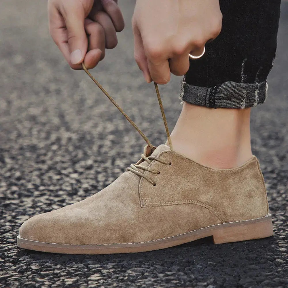 Men’s British style frosted leather suede tan lace-up shoe with low heel and matching laces