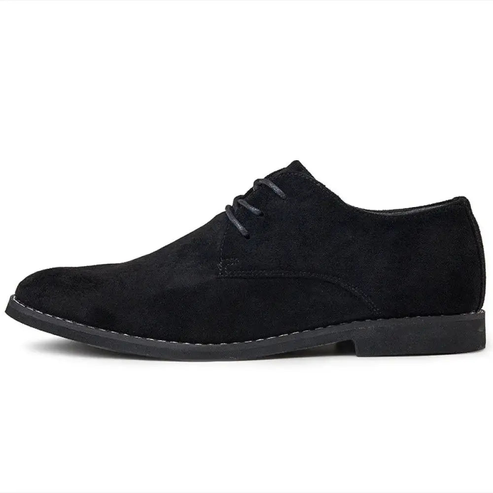Men’s british style black suede lace-up oxford shoe with low heel and matching laces in frosted leather material