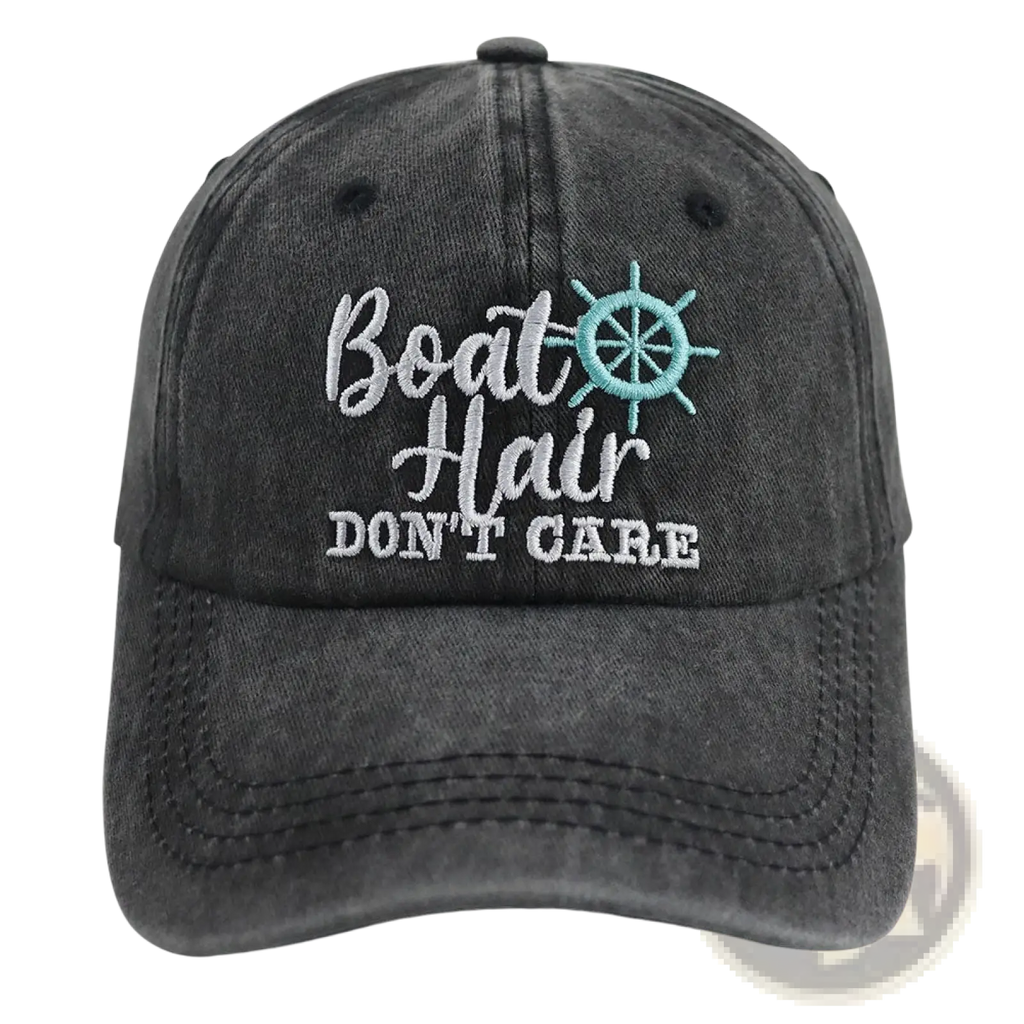 Boat Hair Don’t Care embroidered dark gray distressed cotton baseball cap with white text and light blue ship wheel graphic