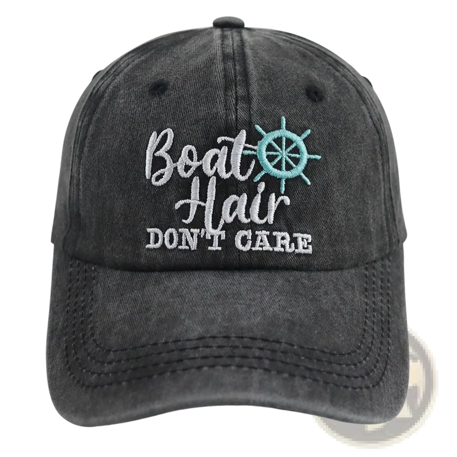 Boat Hair Don’t Care embroidered dark gray distressed cotton baseball cap with white text and light blue ship wheel graphic