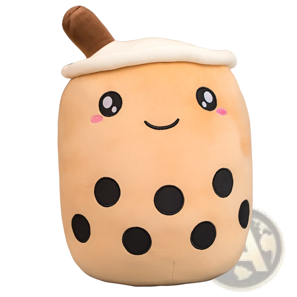 Cute beige plush boba milk tea stuffed toy with black tapioca pearls white foam top and brown straw pillow