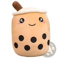 Cute beige plush boba milk tea stuffed toy with black tapioca pearls white foam top and brown straw pillow