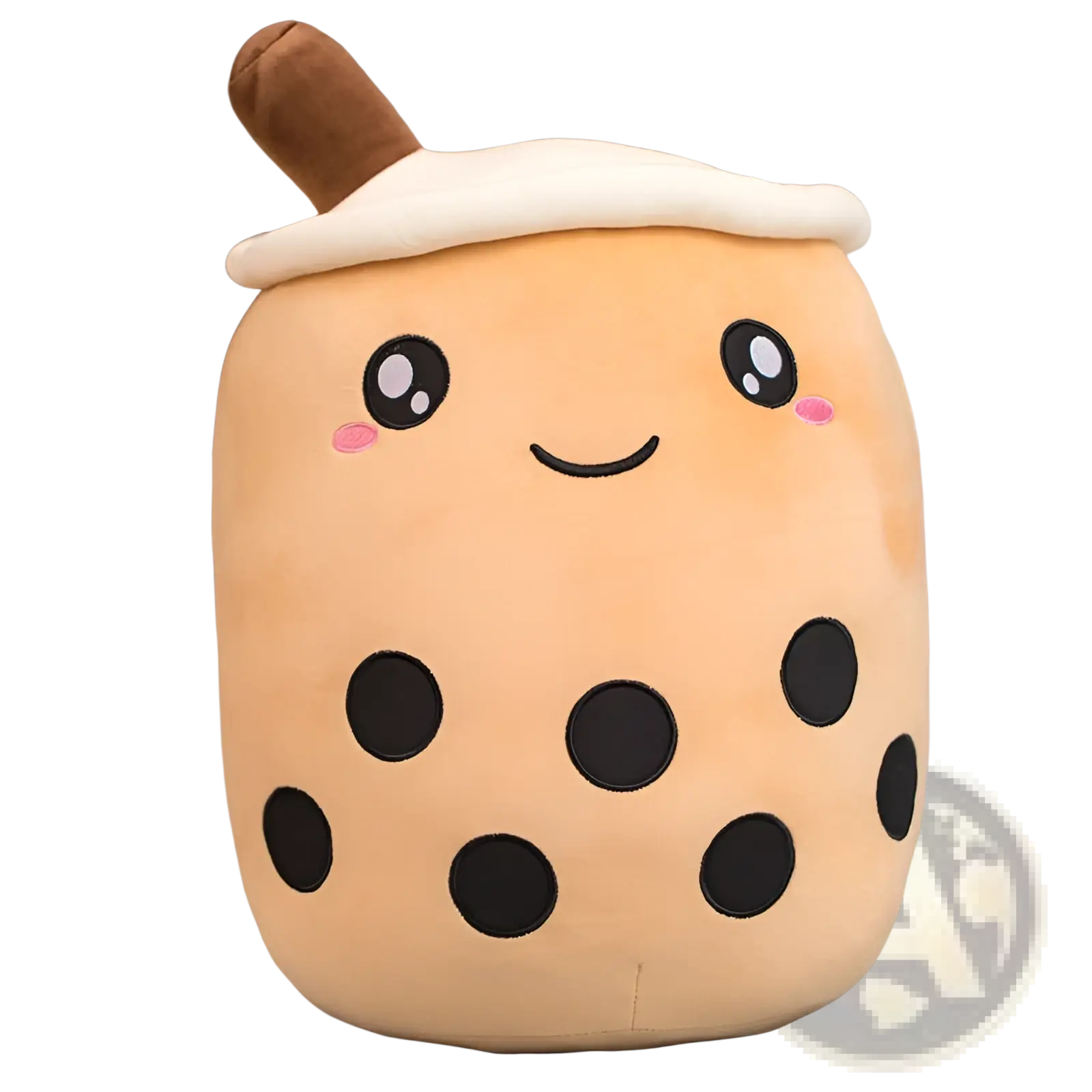 Cute beige plush boba milk tea stuffed toy with black tapioca pearls white foam top and brown straw pillow