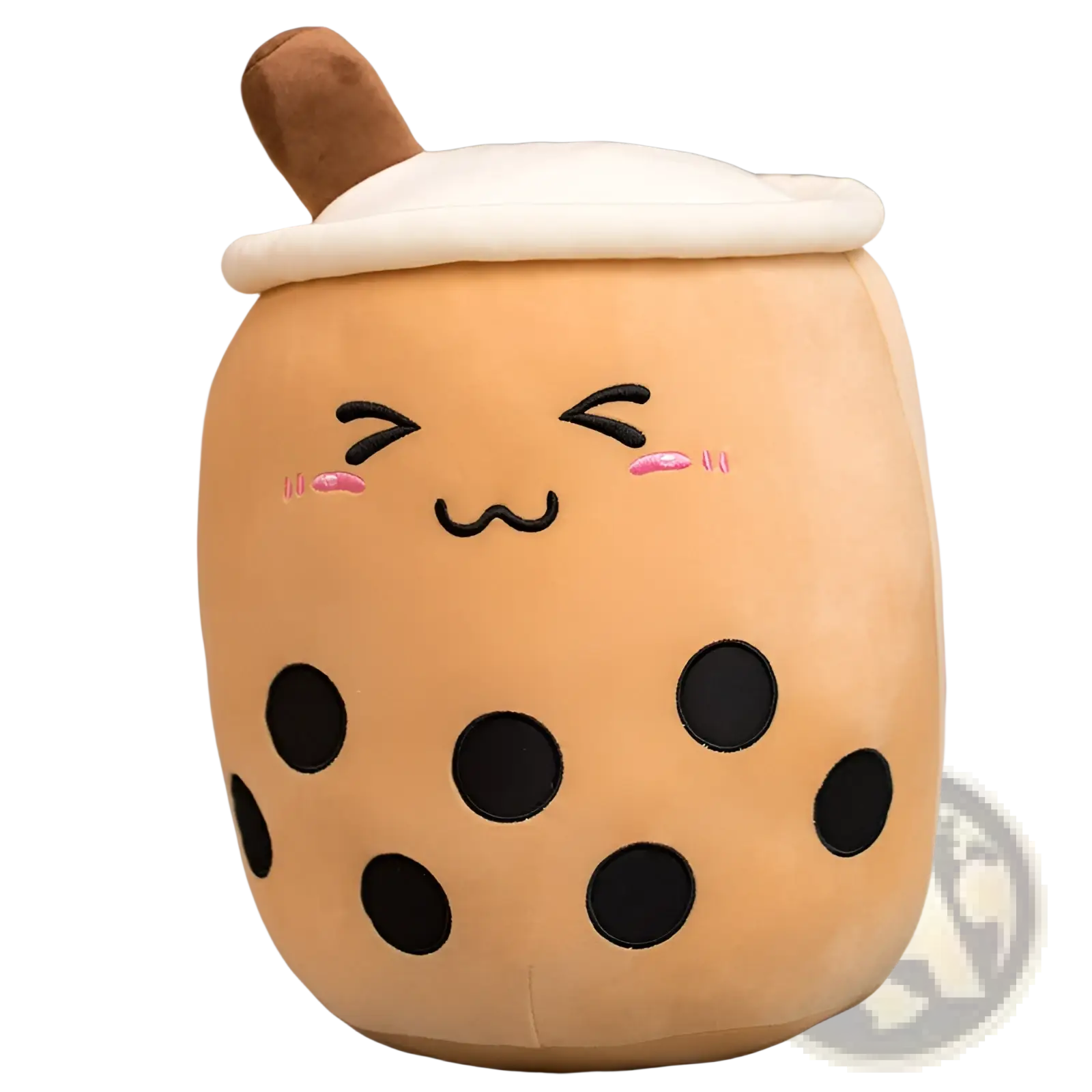 Cute tan boba milk tea plush toy with black tapioca pearls pink cheeks and brown straw soft stuffed hugging pillow