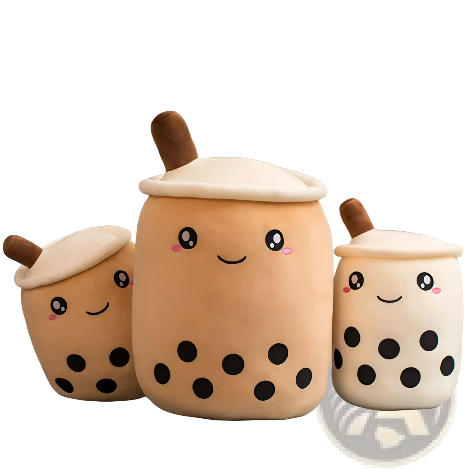 Cute beige plush boba milk tea soft stuffed hugging pillow with black tapioca pearls and brown straws