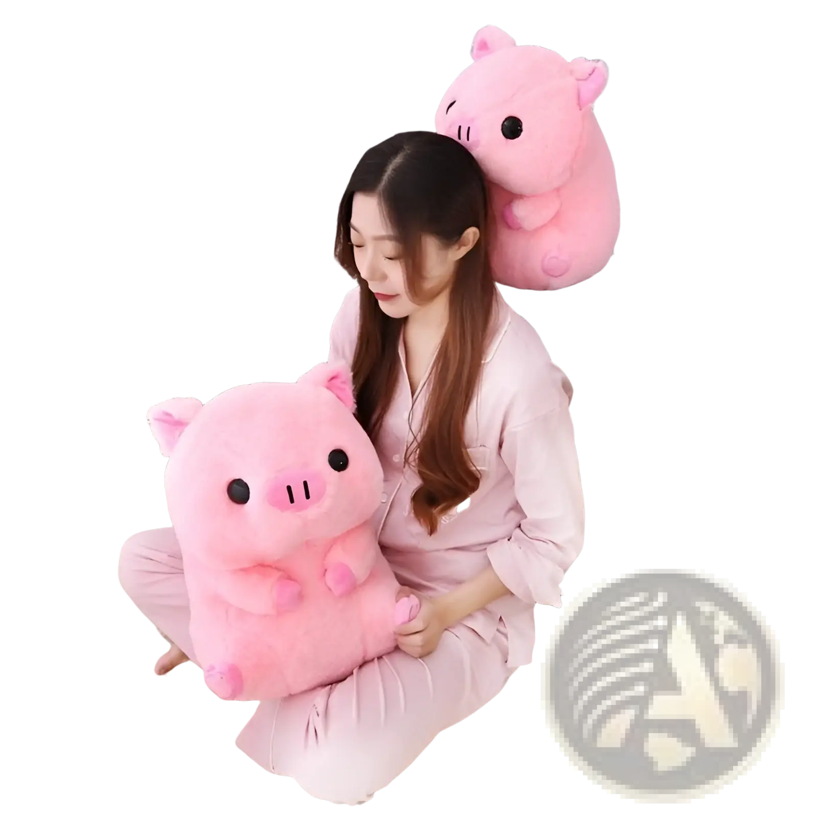 Pink plush pig pillow with soft fluffy texture and embroidered black eyes in boba milk tea plush toy hugging pillow