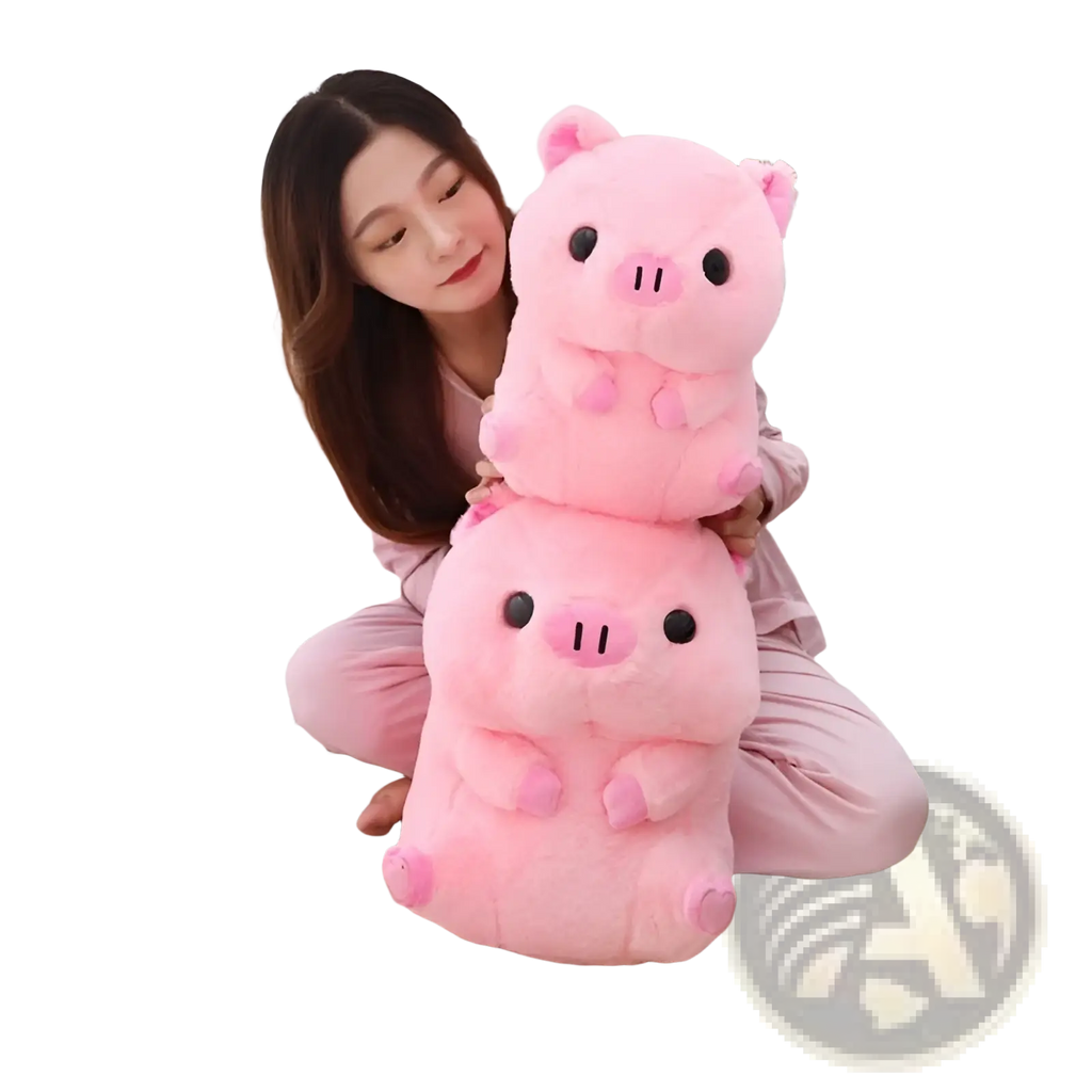 Soft pink plush pig stuffed toy with black eyes and small snout in boba milk tea plush toy hugging pillow design