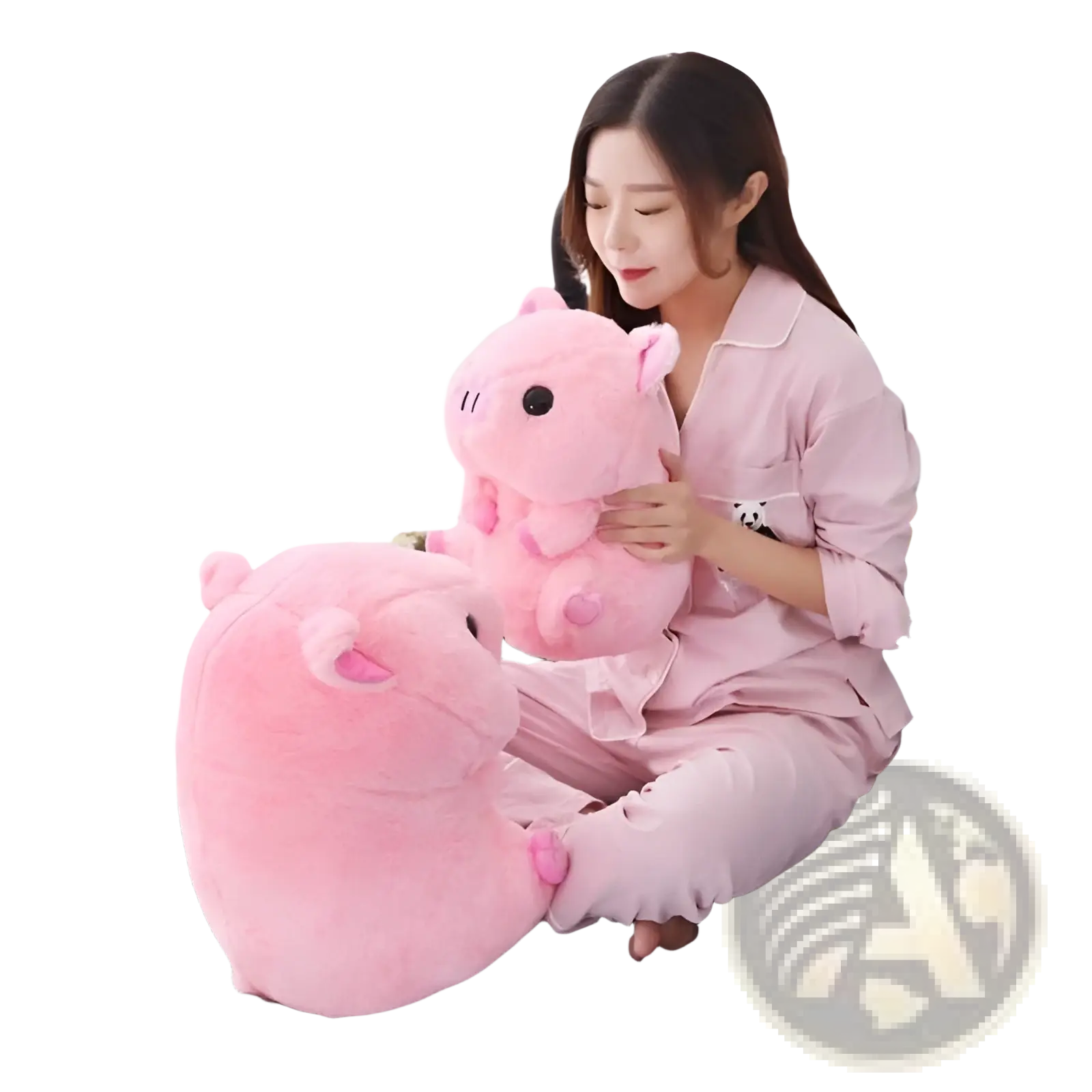 Pink plush pig boba milk tea soft stuffed hugging pillow with fluffy texture and embroidered black eyes