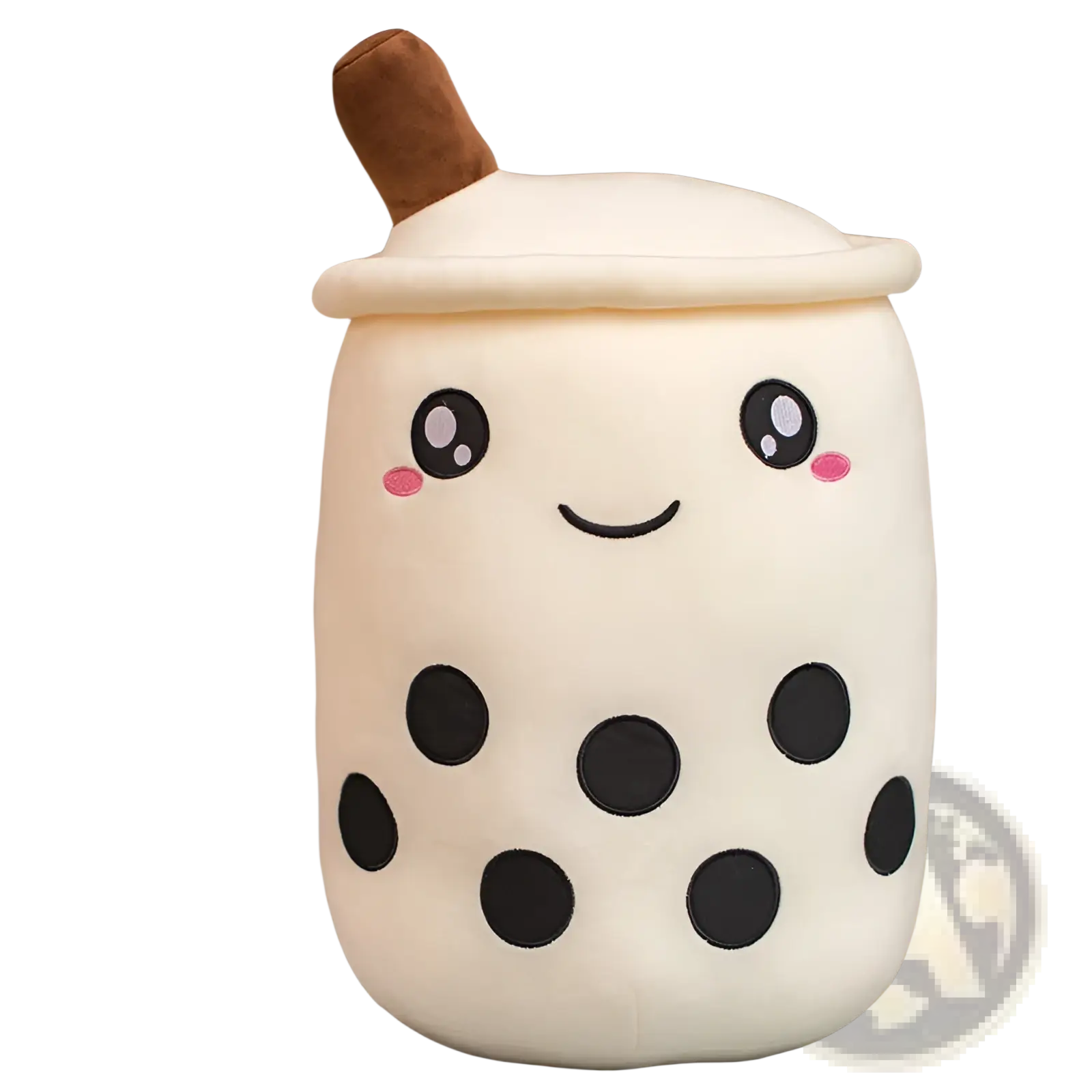 Cute cream-colored plush boba milk tea cup with black tapioca pearls embroidered face and brown straw soft hugging pillow