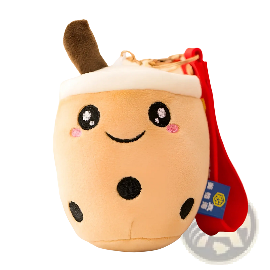Cute beige plush boba tea keychain with embroidered eyes and black tapioca pearls milk tea cup doll pendant
