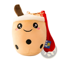 Cute beige plush boba tea keychain with embroidered eyes and black tapioca pearls milk tea cup doll pendant