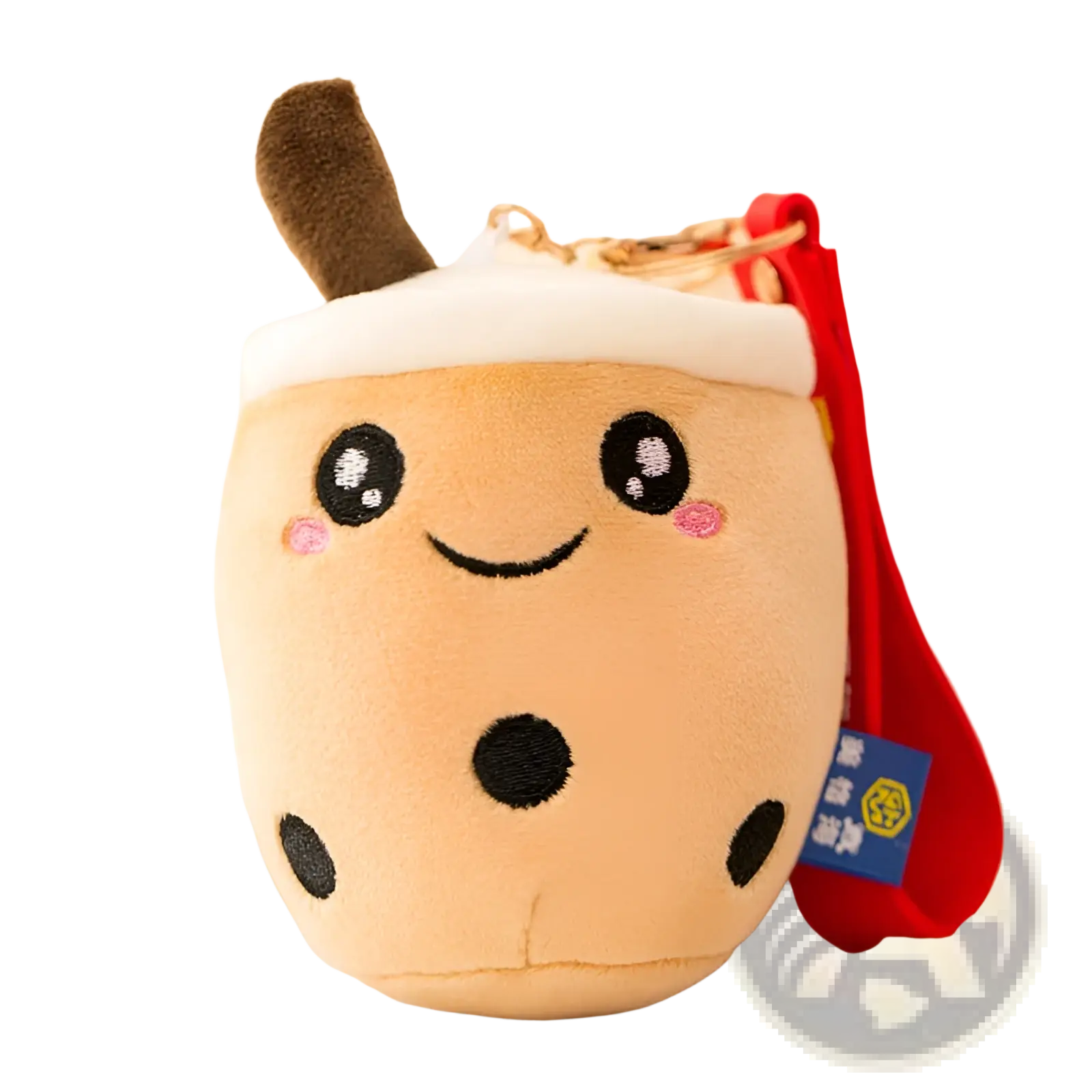 Cute beige plush boba tea keychain with embroidered eyes and black tapioca pearls milk tea cup doll pendant