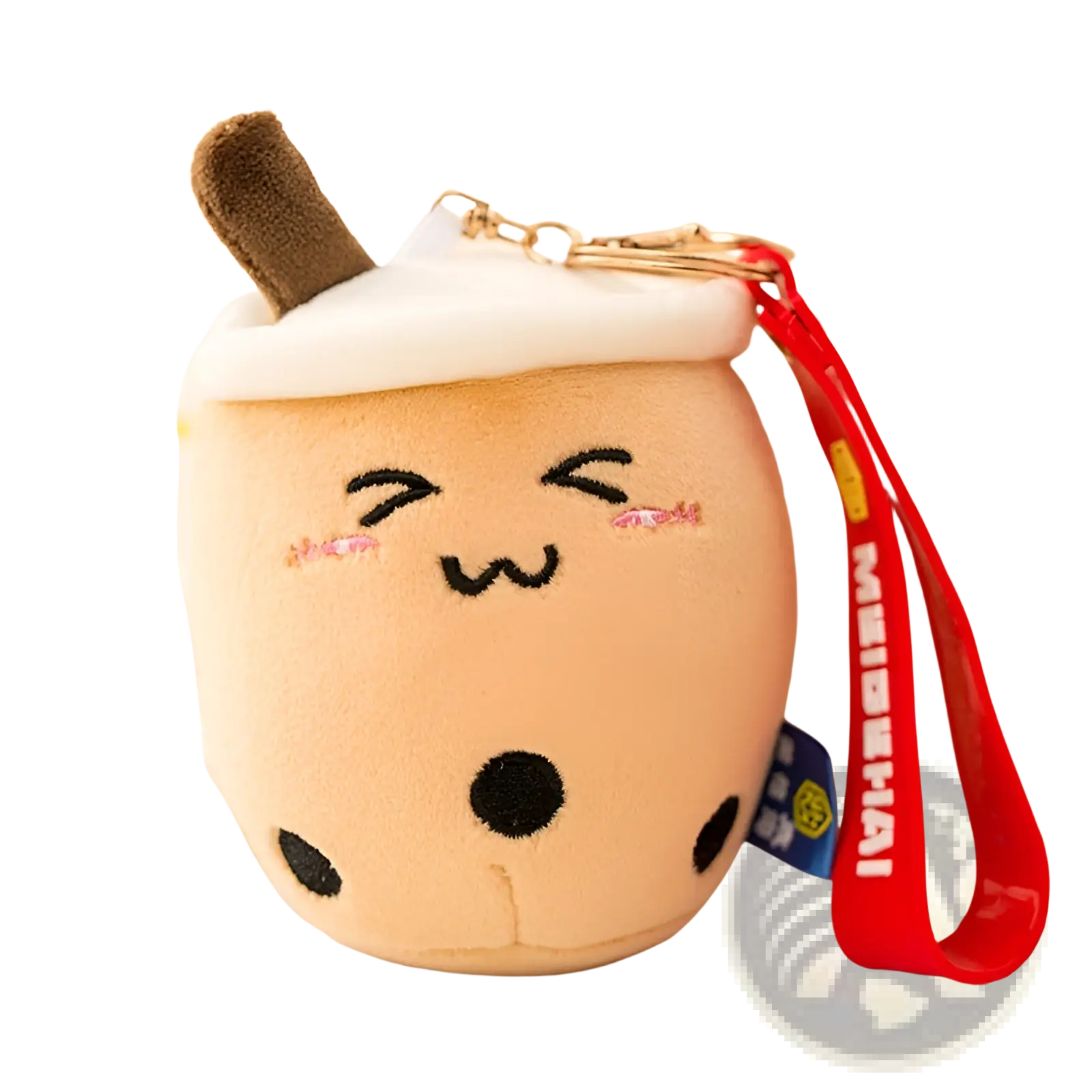 Cute beige plush boba tea cup keychain with black tapioca pearls embroidered smiling face and pink blush cheeks
