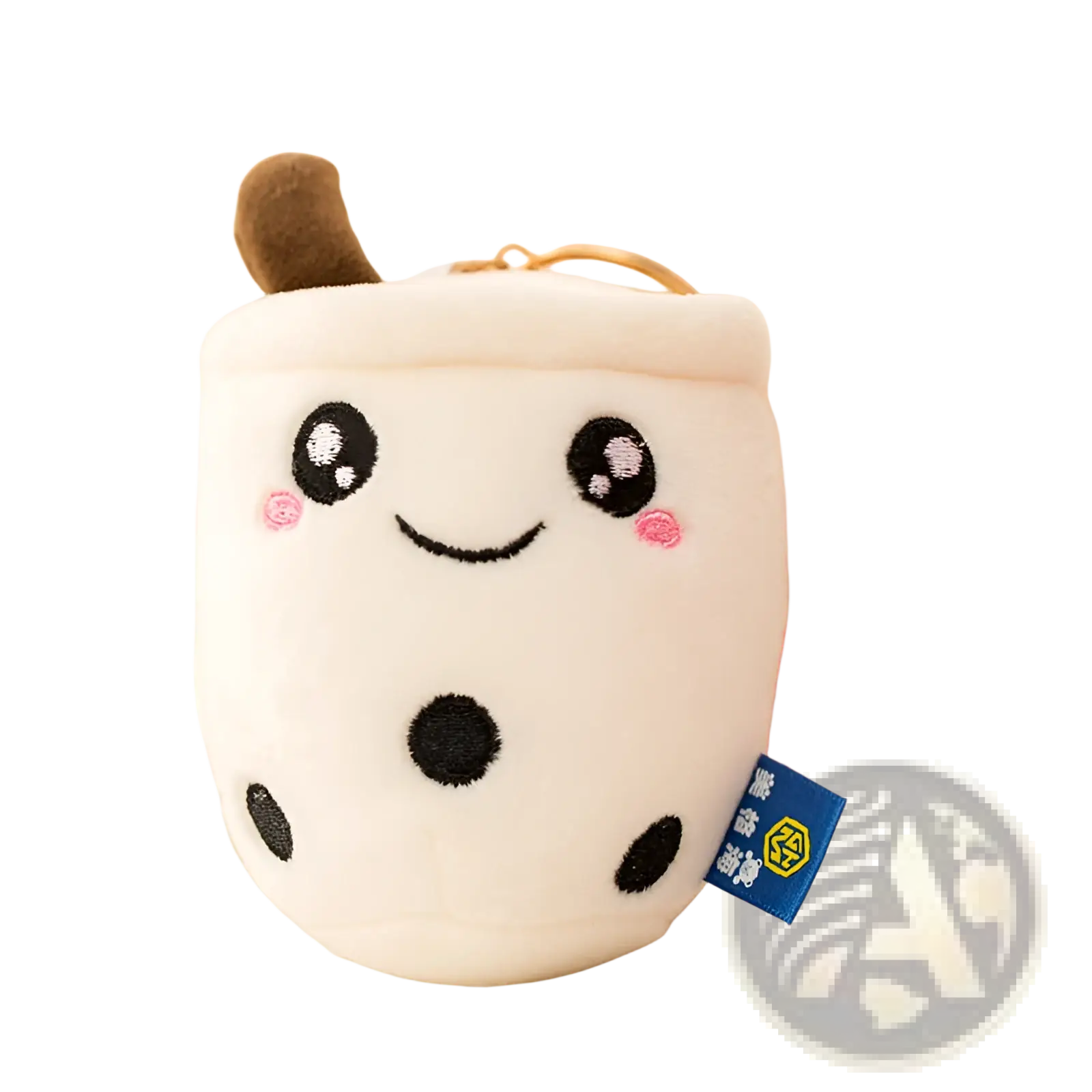 White plush boba tea cup keychain with black tapioca pearls embroidered eyes and rosy cheeks milk tea cup doll pendant