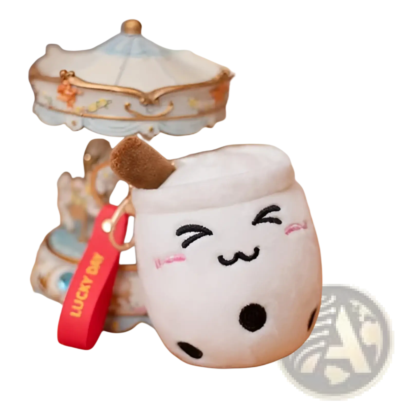 White plush boba tea cup keychain with black polka dots brown straw and embroidered smiling face details