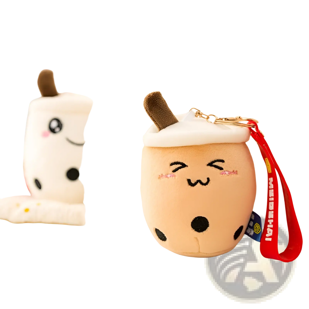 Cute beige plush boba tea keychain with black tapioca pearls brown straw and embroidered facial features milk tea cup doll pendant