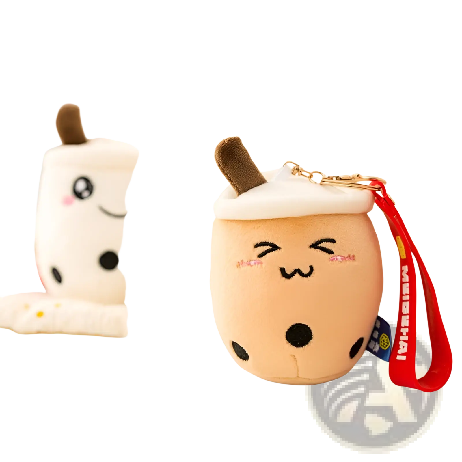 Cute beige plush boba tea keychain with black tapioca pearls brown straw and embroidered facial features milk tea cup doll pendant