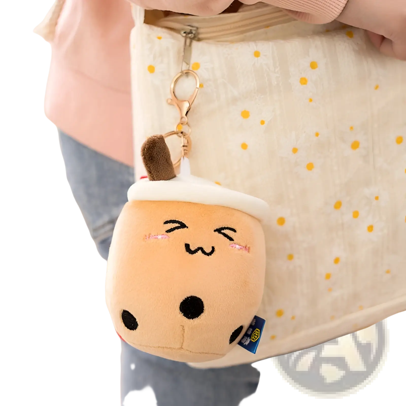 Cute beige plush boba tea cup keychain with black dot details and brown straw for milk tea cup doll pendant