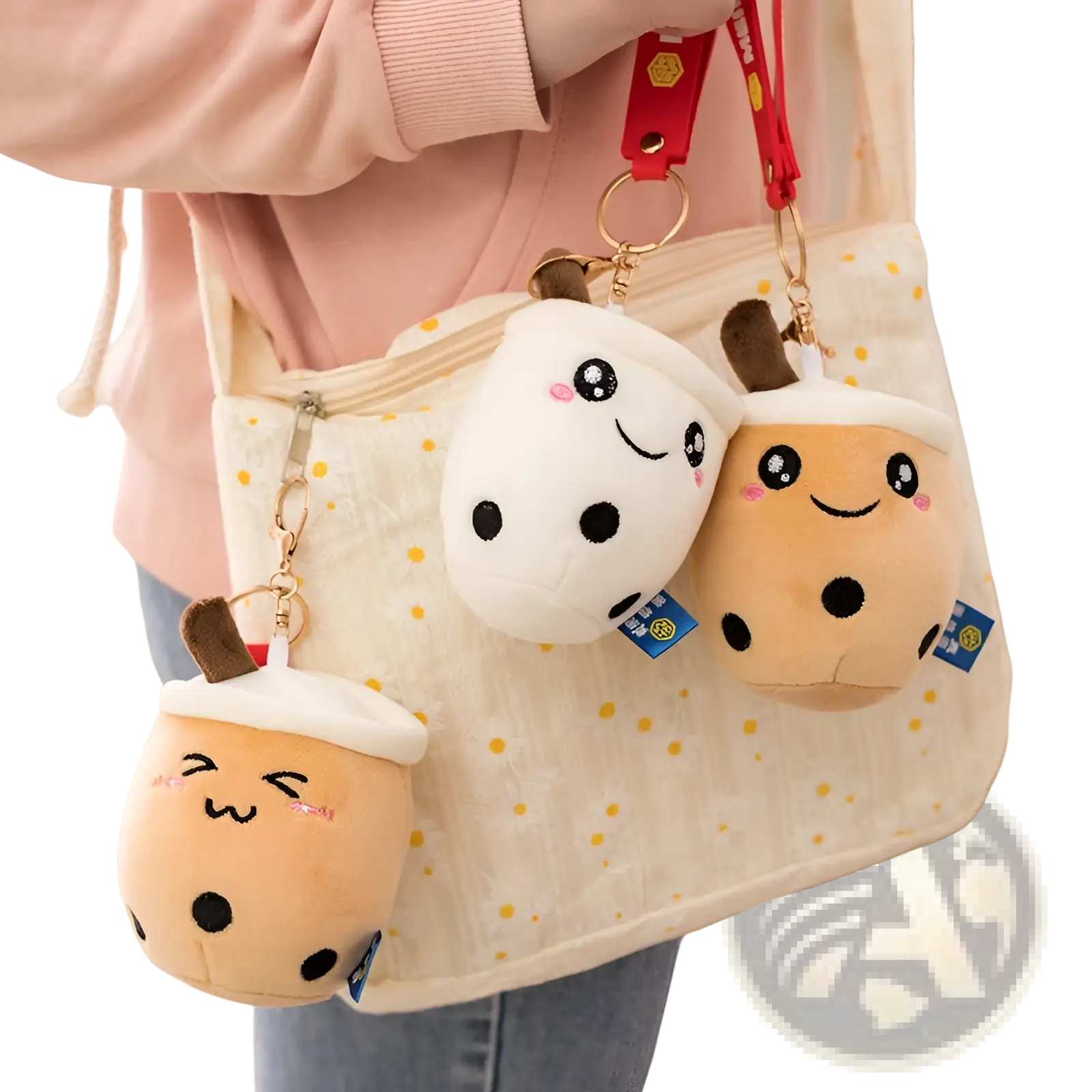 Three cute milk tea boba tea plush keychains with smiling faces and black dot details as cup doll pendants