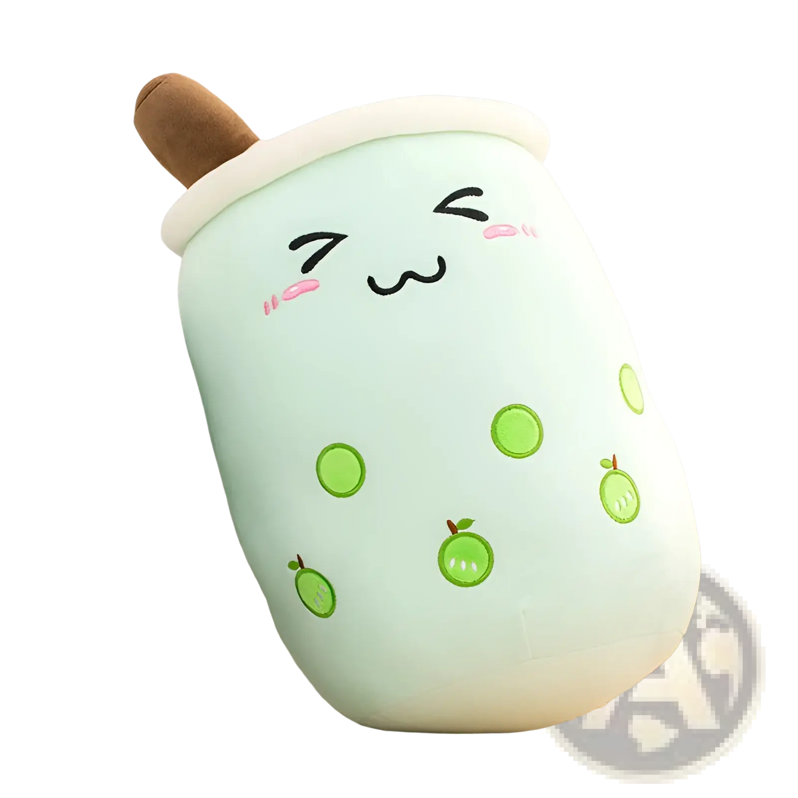 A mint green plush boba tea cup pillow with embroidered green tapioca pearls and apple slices topped with a brown straw