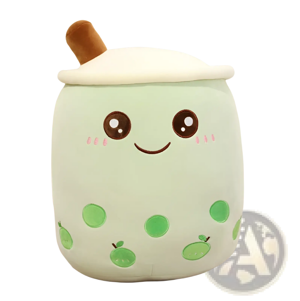 A soft mint-green plush pillow shaped like a kawaii boba tea cup with embroidered eyes and green tapioca pearls