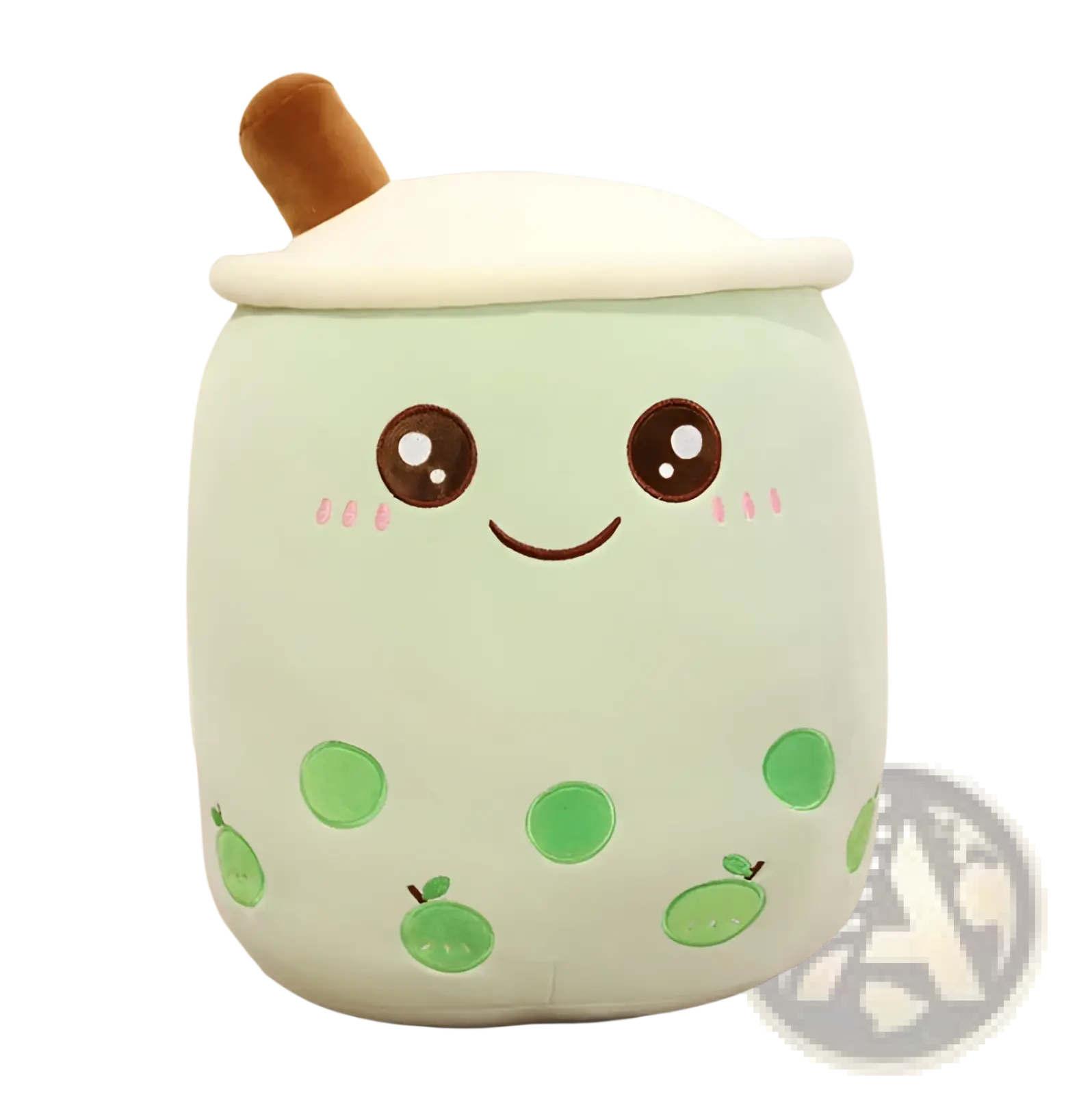 A soft mint-green plush pillow shaped like a kawaii boba tea cup with embroidered eyes and green tapioca pearls