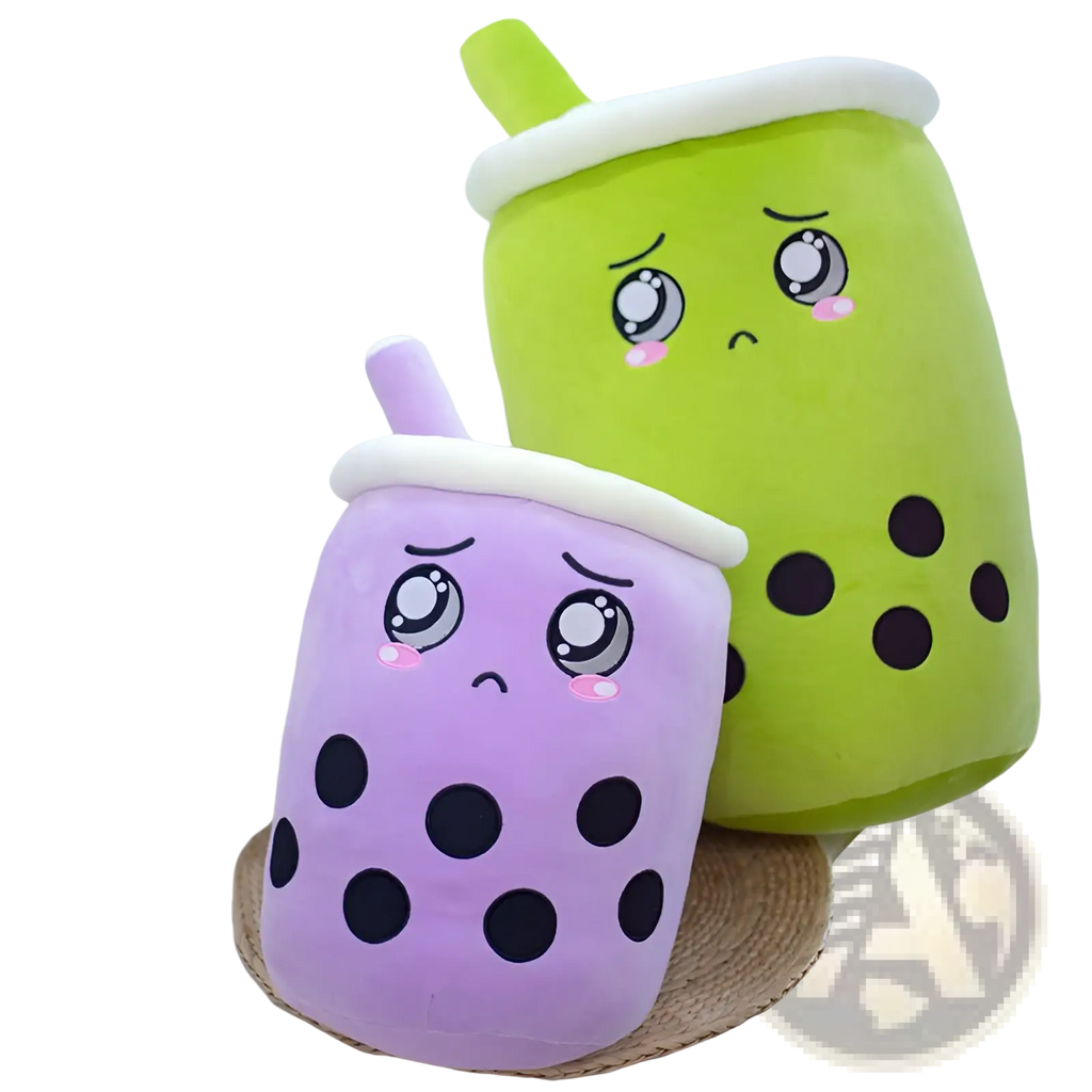 Purple and green plush boba tea pillow with black tapioca pearls white foam tops and cute embroidered faces