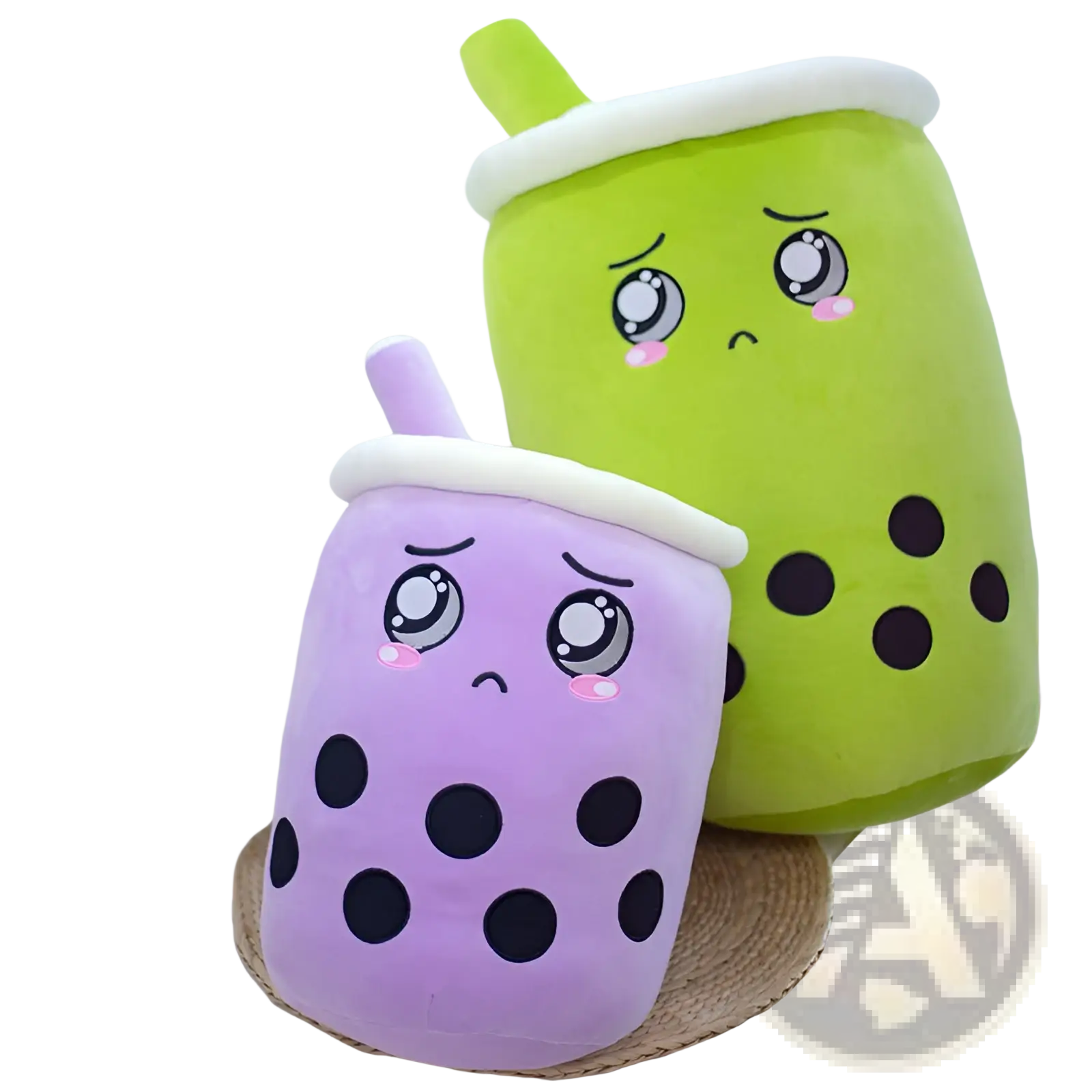 Purple and green plush boba tea pillow with black tapioca pearls white foam tops and cute embroidered faces