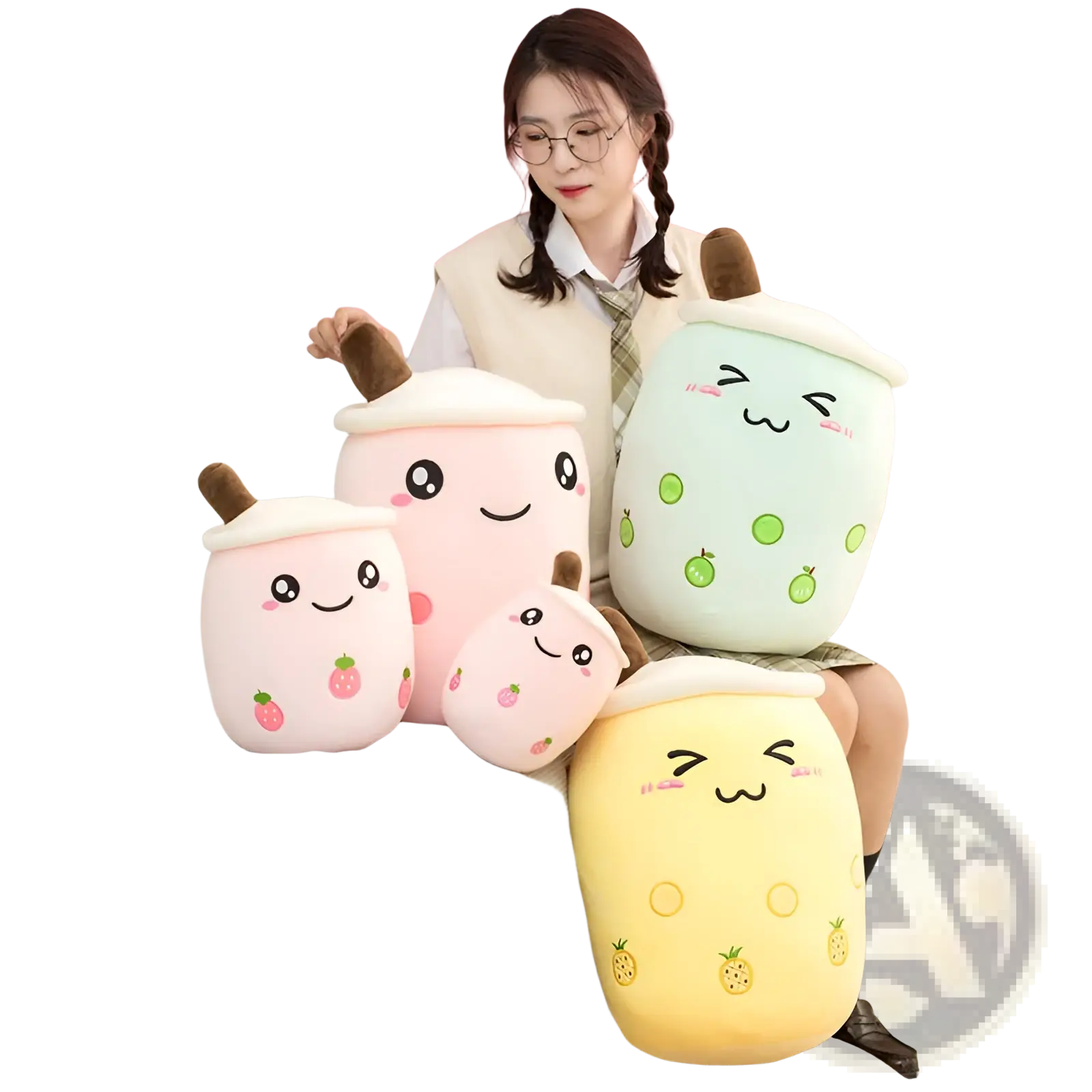 Plush boba tea kawaii fruit milk tea pillows in pink mint green and yellow with embroidered faces and fruit patterns