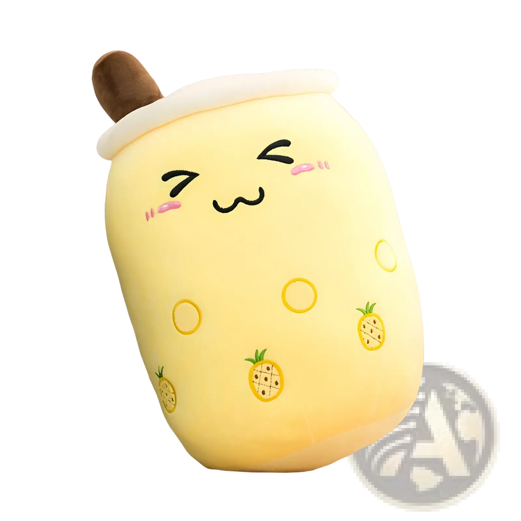 Yellow plush boba tea cup pillow with embroidered pineapple patterns and brown straw kawaii fruit milk tea toy