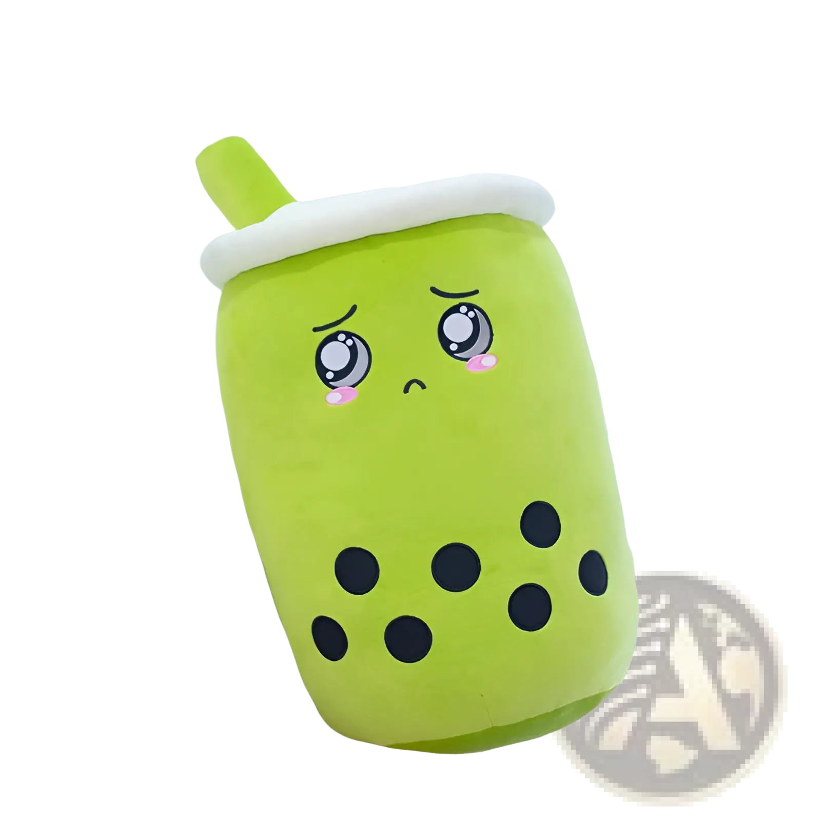 A lime green plush pillow shaped like a kawaii boba tea cup with black tapioca pearls and a white foam rim