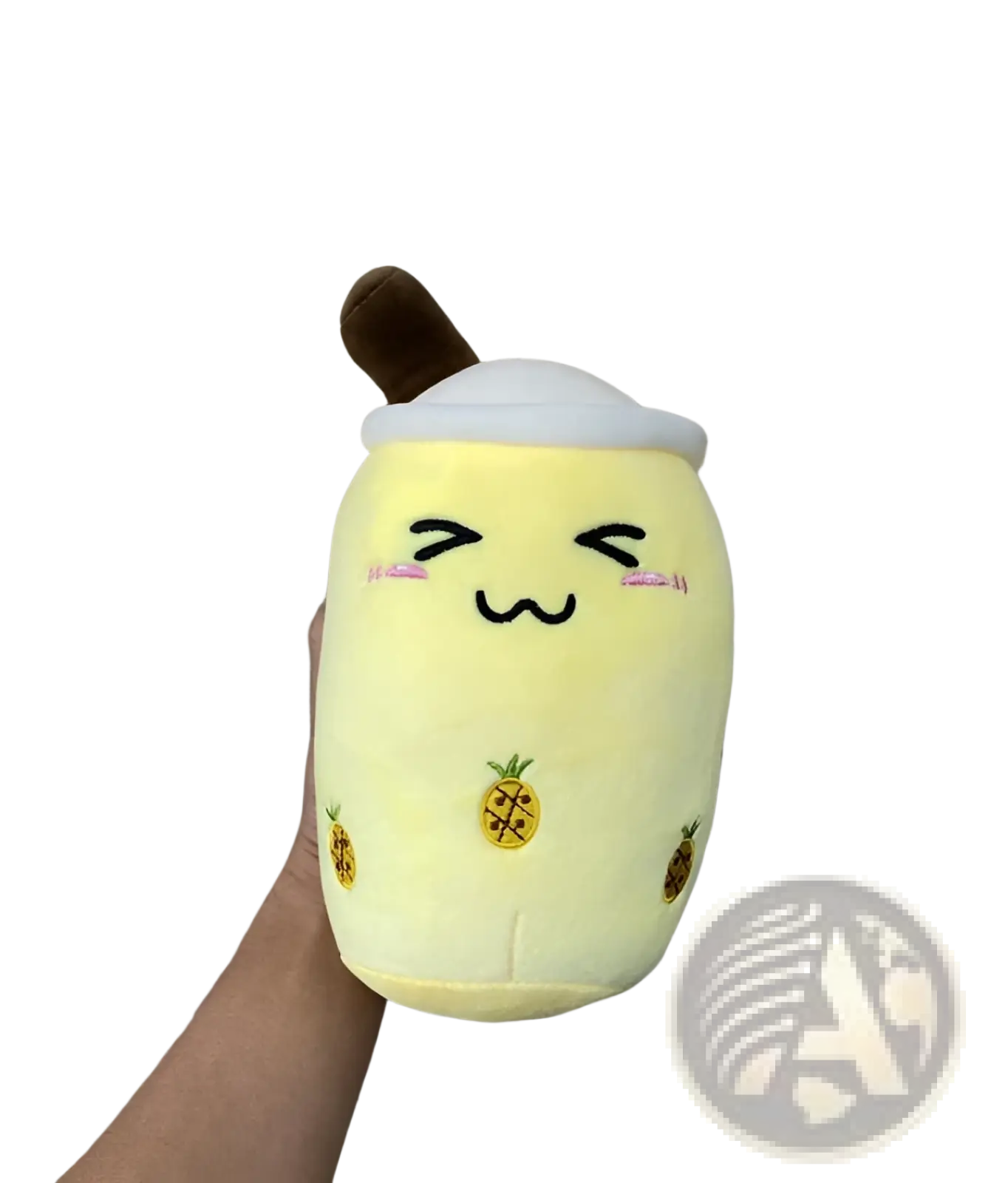 Yellow plush boba tea plush pillow with embroidered pineapple details and brown straw top kawaii fruit milk tea toy
