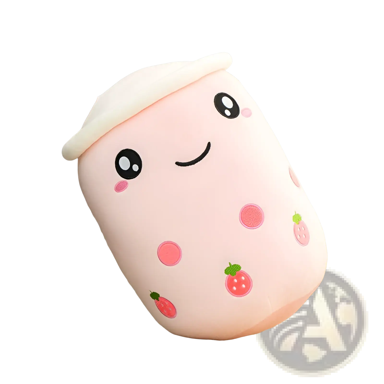 Pink plush boba tea cup pillow with strawberry decals and white foam lid kawaii fruit milk tea toy