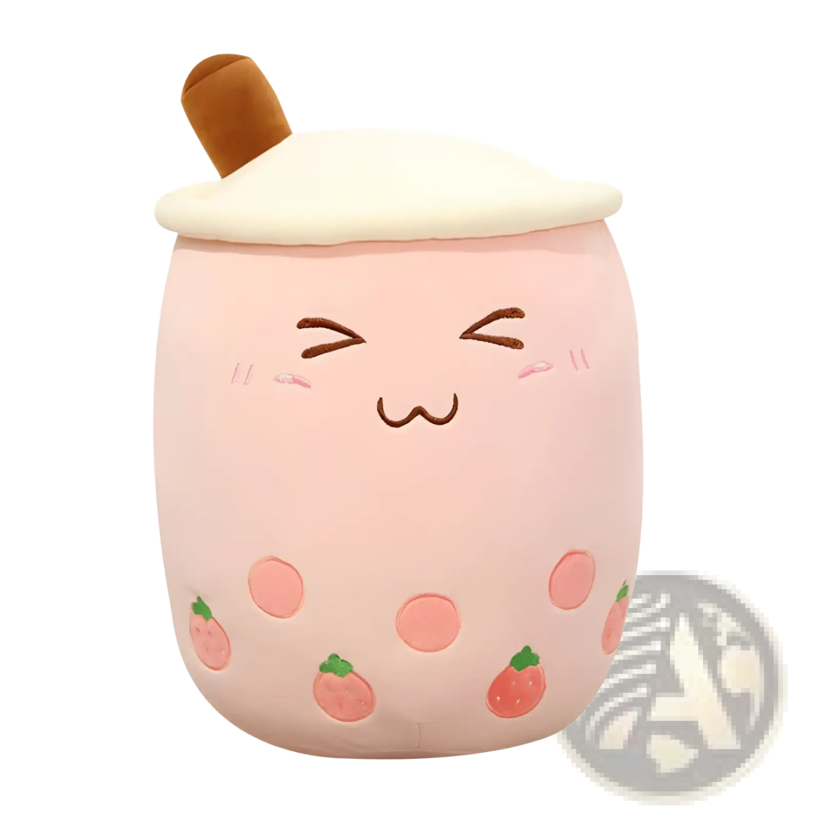 Pink plush boba tea pillow with strawberry design and brown straw kawaii fruit milk tea toy plush product