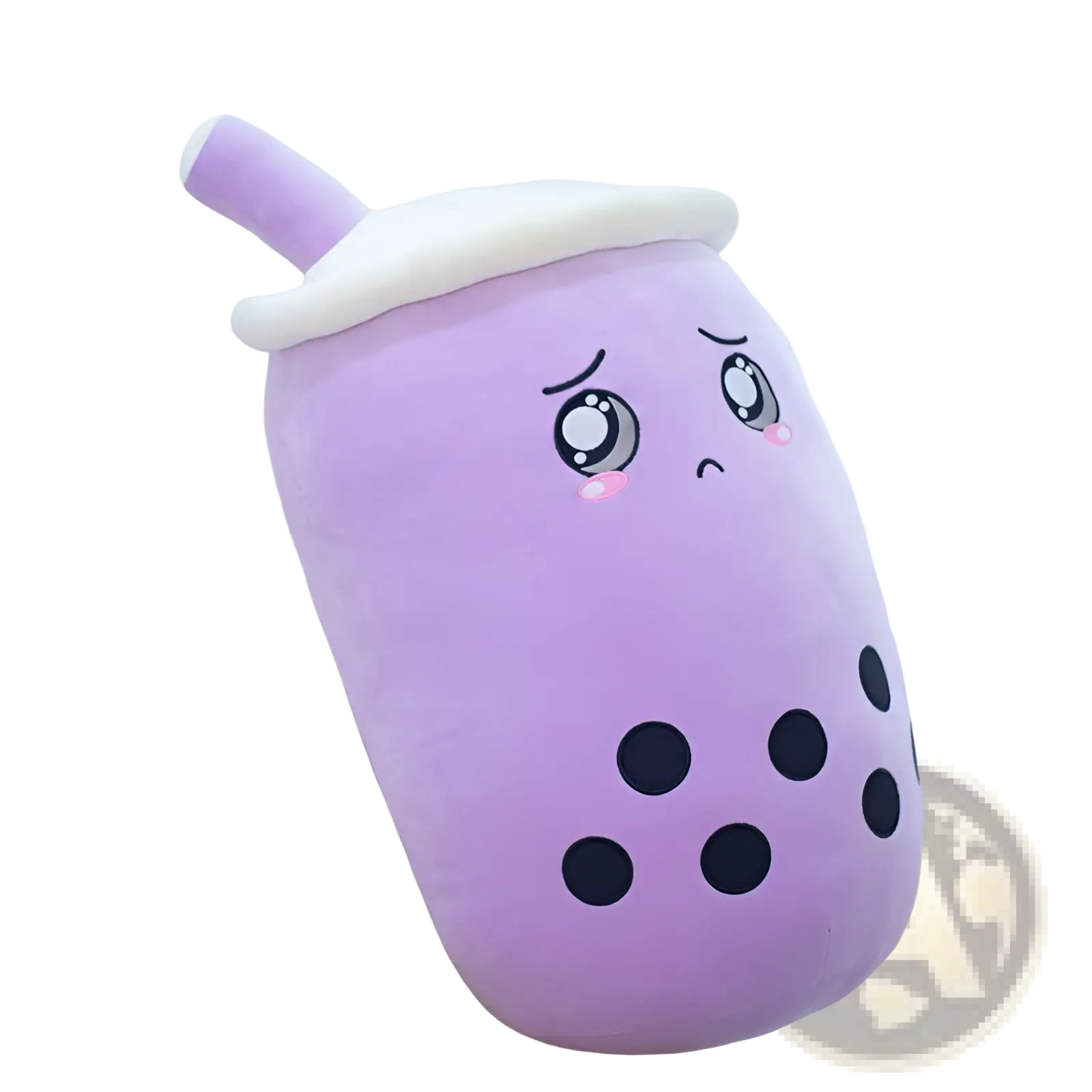 A plush lavender boba tea pillow with black tapioca pearls, white foam top, and a purple straw for kawaii decor
