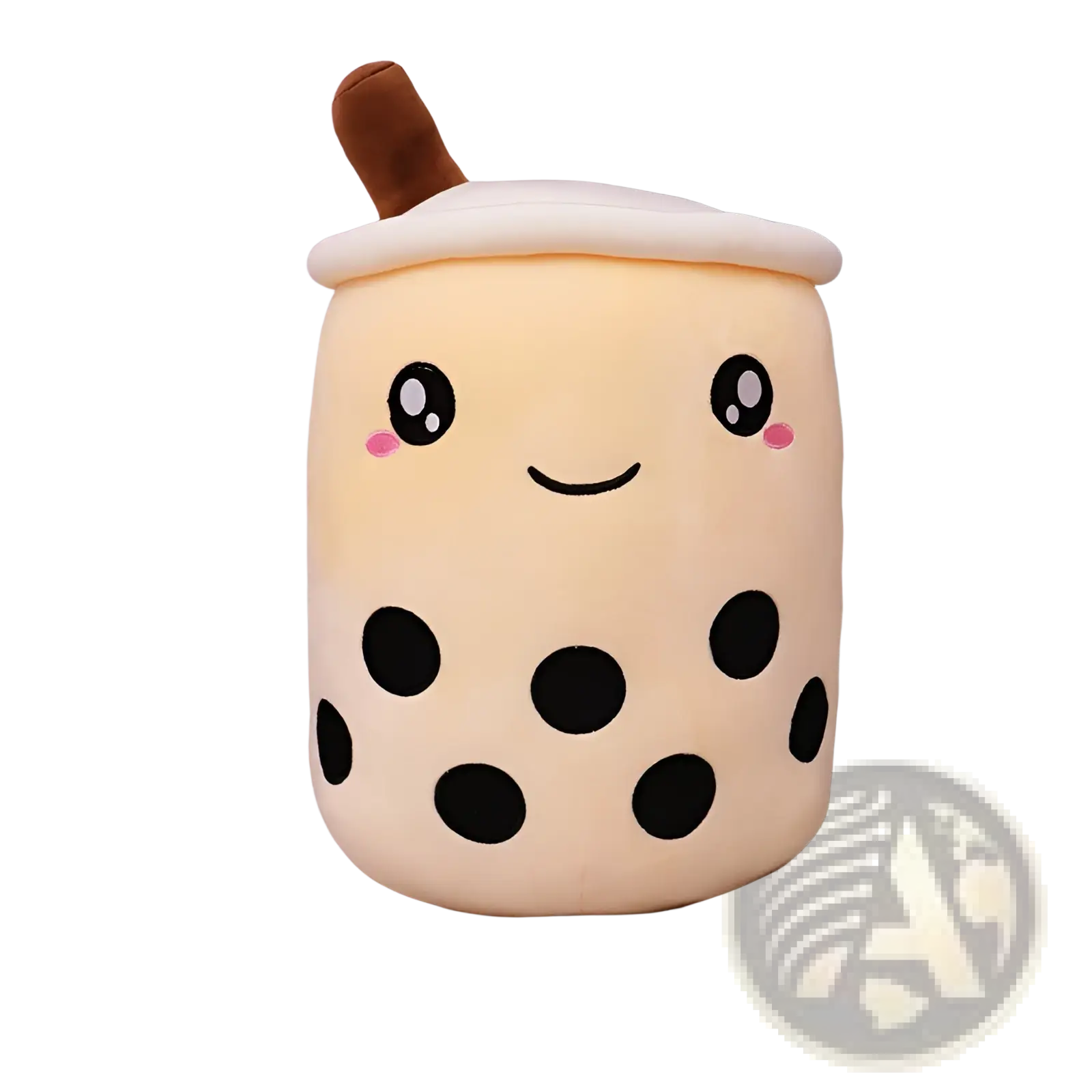 Cute beige plush boba tea pillow toy with black tapioca pearls pink cheeks and a brown straw for soft comfort