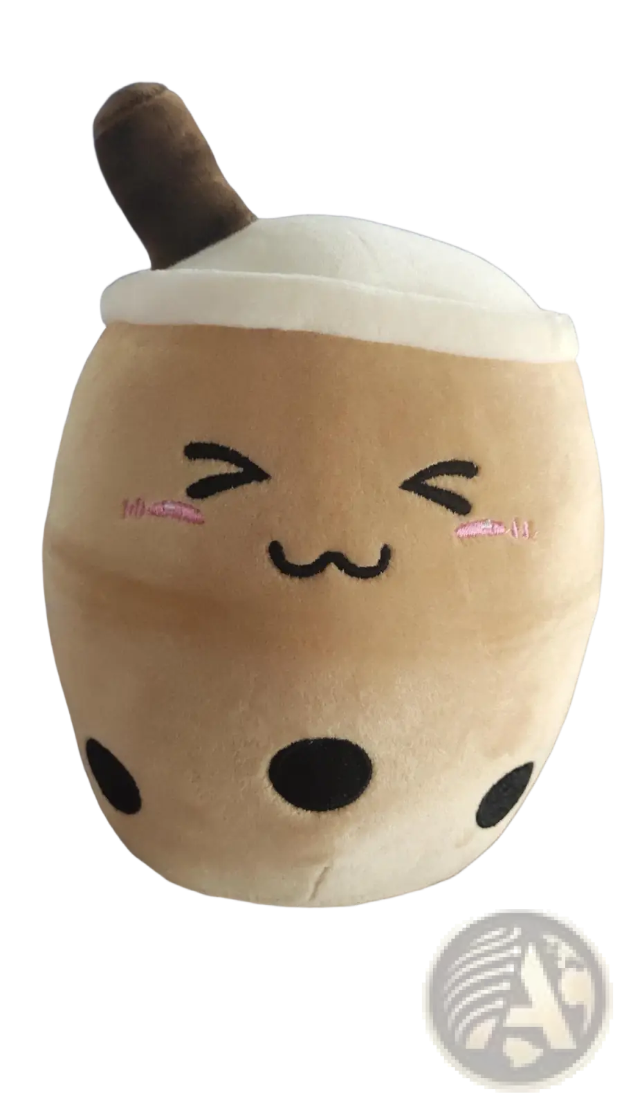 Cute beige plush boba tea cup pillow toy with black tapioca pearls pink blush marks and brown straw on top