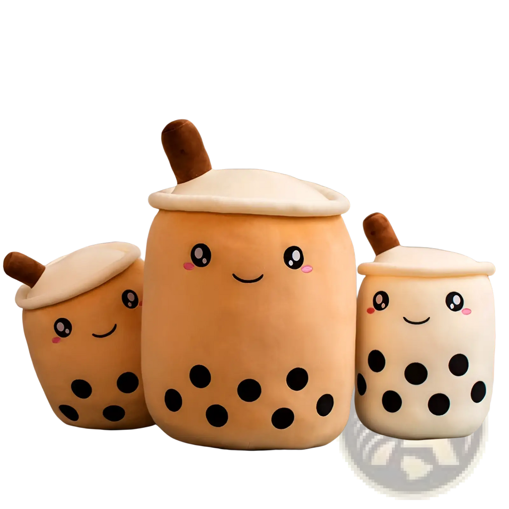 Cute orange and beige boba tea plush pillow toy with black tapioca pearls smiling faces and brown straws