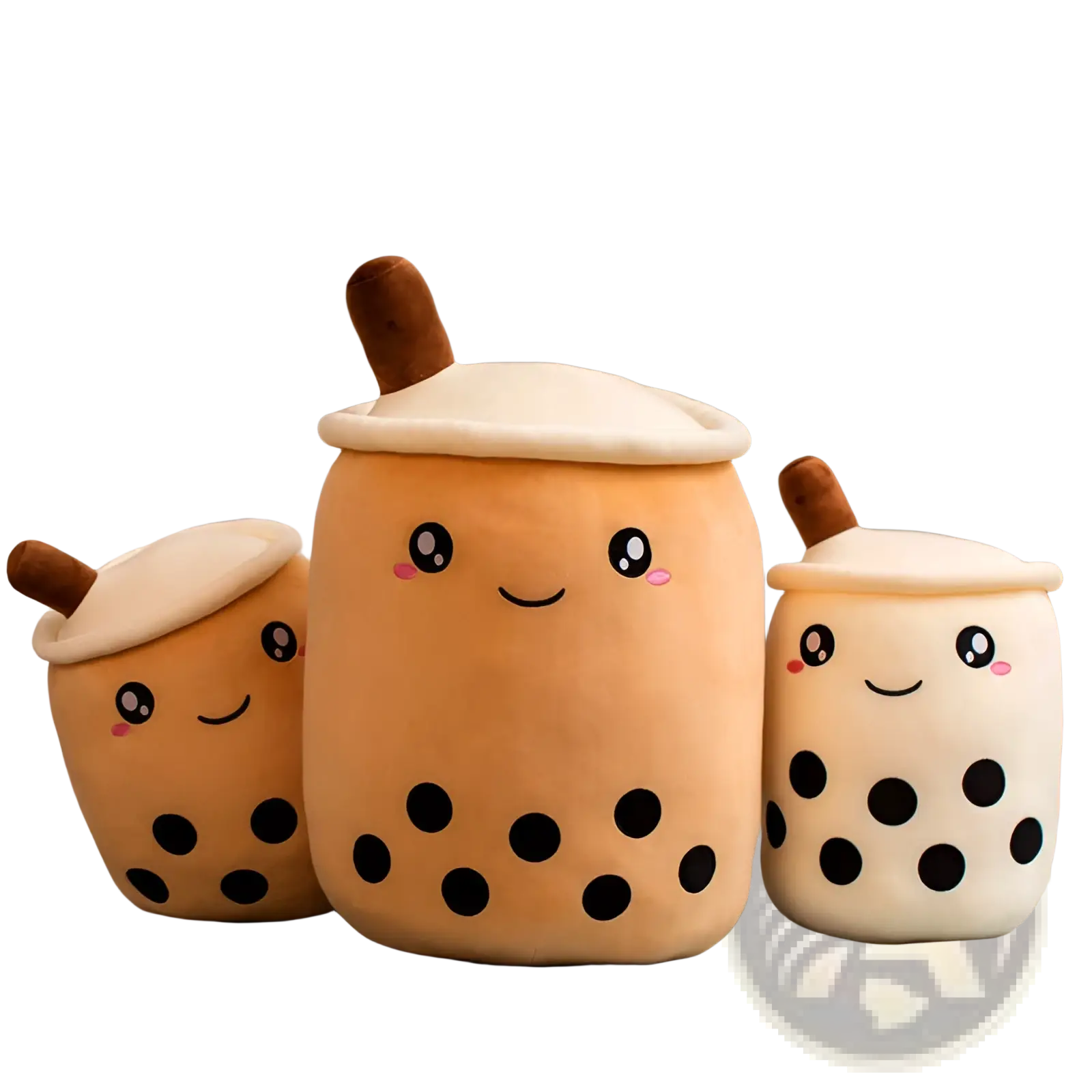Cute orange and beige boba tea plush pillow toy with black tapioca pearls smiling faces and brown straws