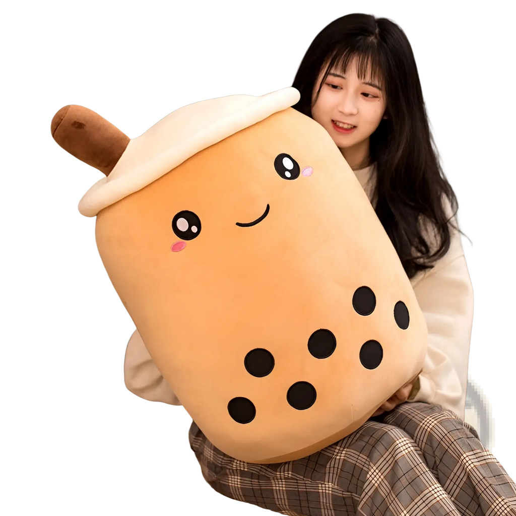 Cute tan plush boba tea pillow with black tapioca pearls and brown wooden straw soft bubble tea toy