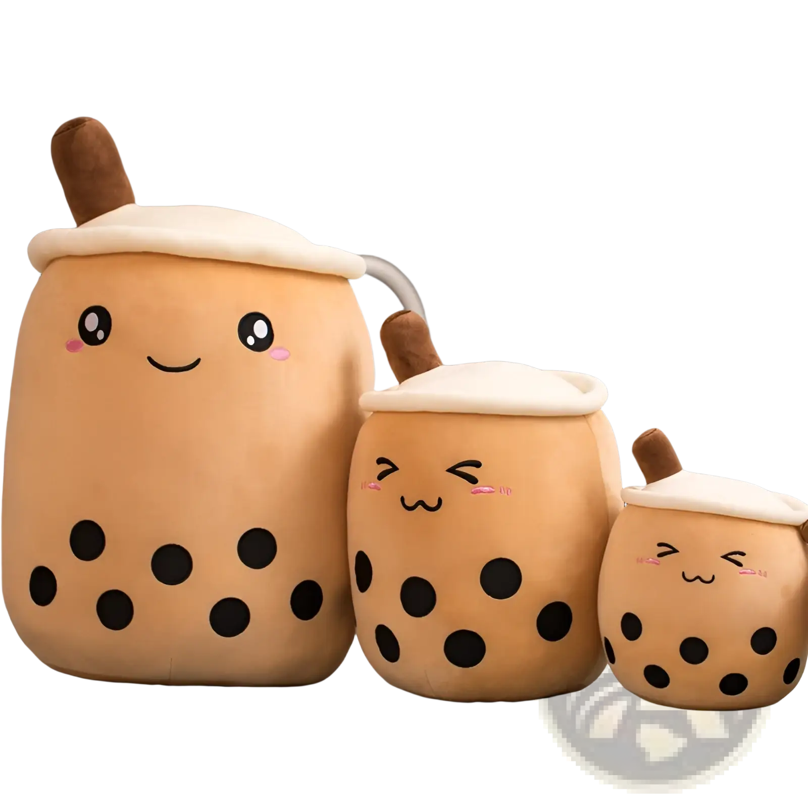Cute tan plush boba tea pillow toy with black tapioca pearls, embroidered face, and brown straw top for soft comfort
