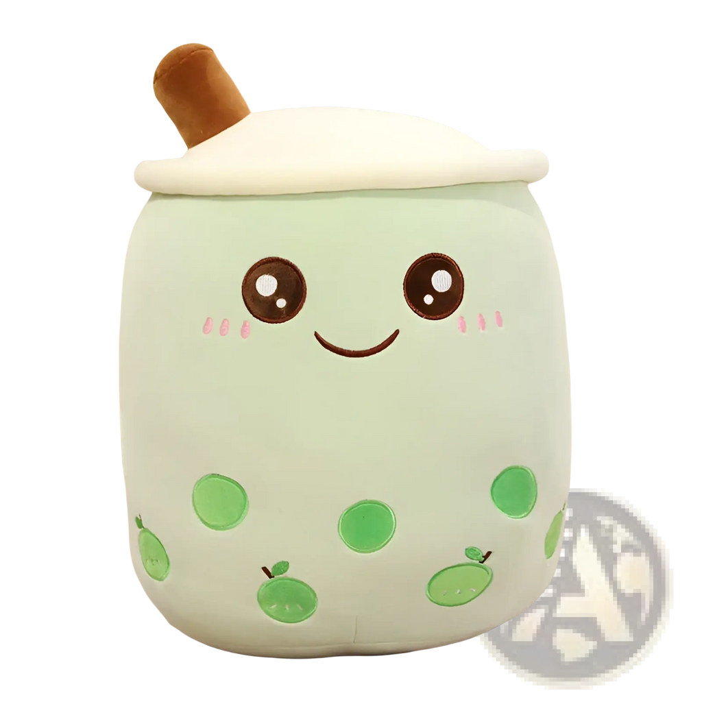 A soft mint-green plush bubble tea pillow toy with embroidered eyes pink cheeks and green tapioca pearls