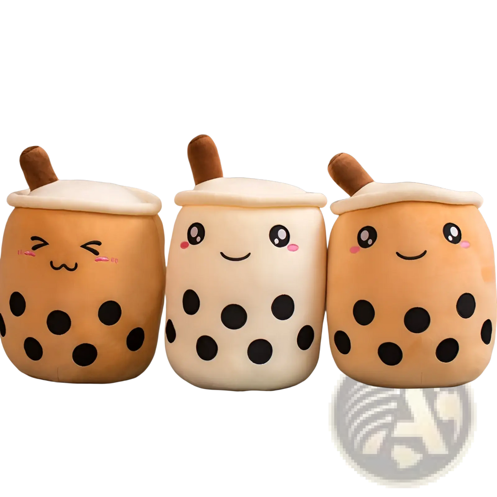 Three plush boba tea cups with embroidered faces tan and cream soft bubble tea pillow toy with brown straws
